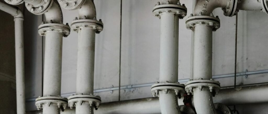Commercial piping and valves in a mechanical room